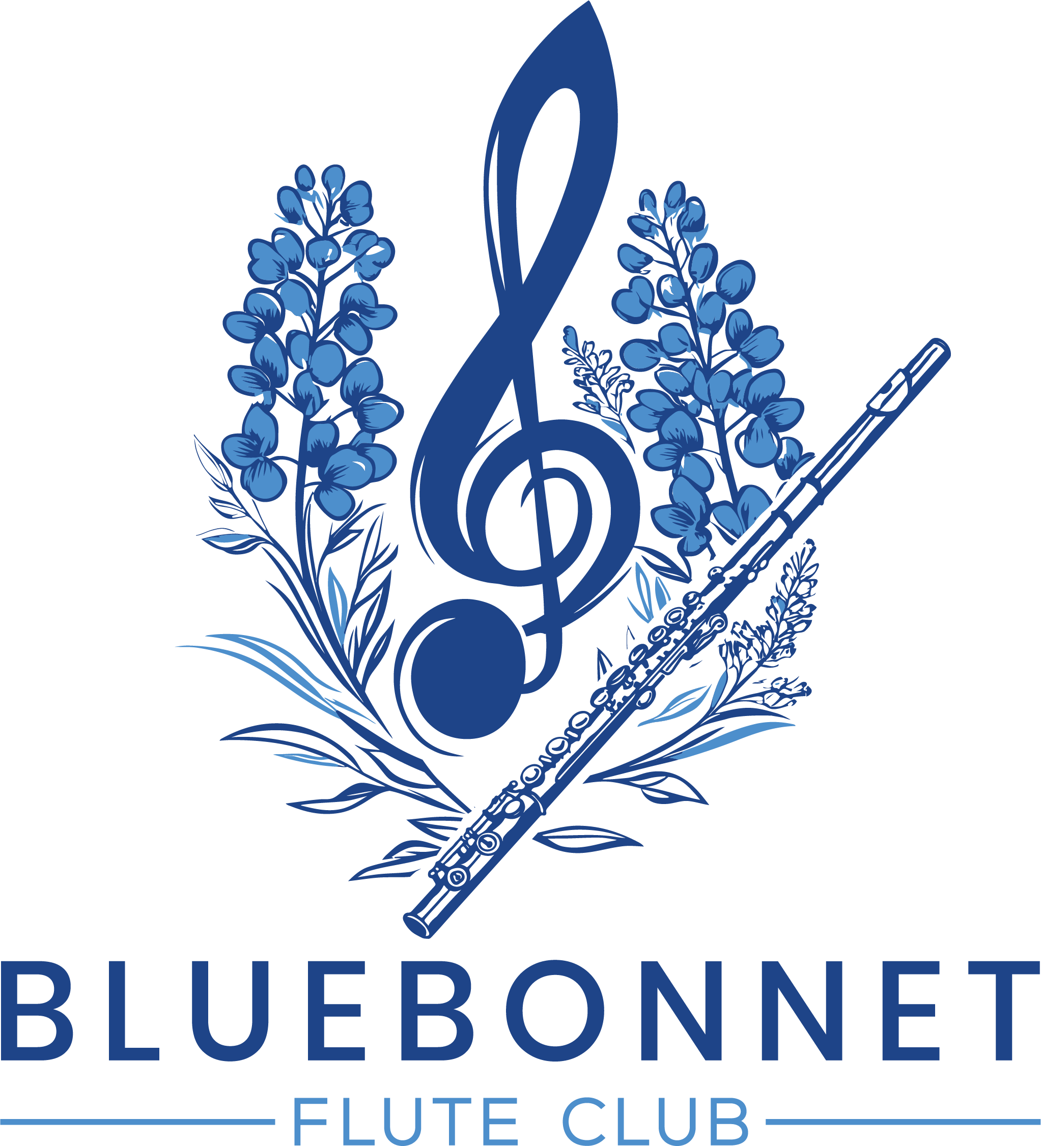 The logo for the Bluebonnet Flute Club. Two bluebonnets on either side of a treble clef. Below the treble clef is a flute. Below the logo are the words "Bluebonnet Flute Club"