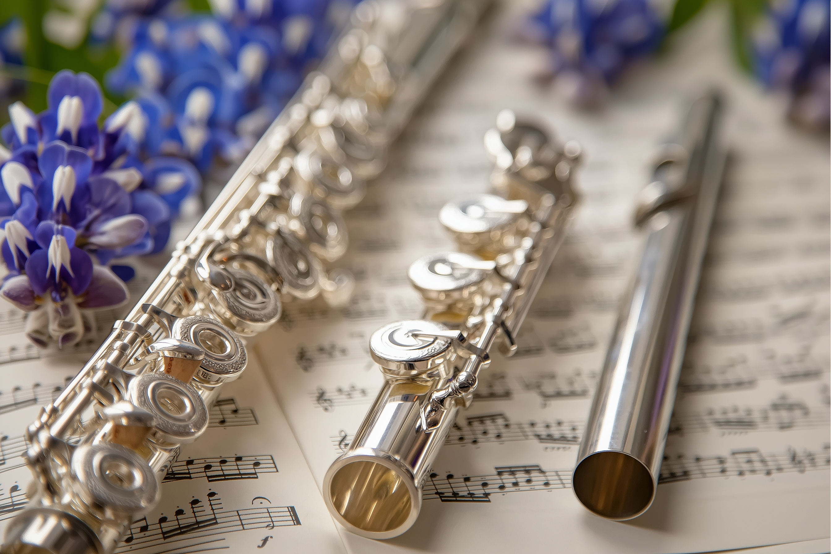 Image of a flute, surrounded by bluebonnet flowers, laying on a piece of sheet music
